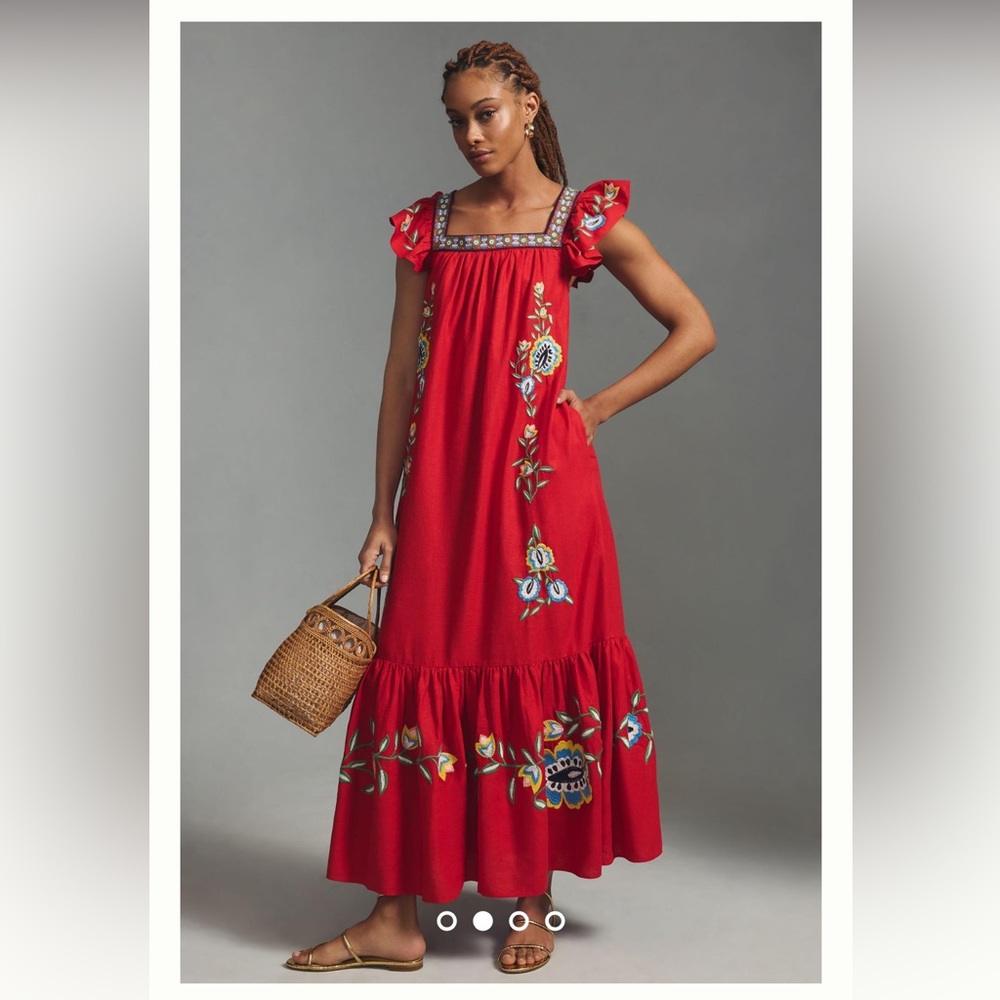 Anthropologie Red Floral Embroidered Maxi Dress